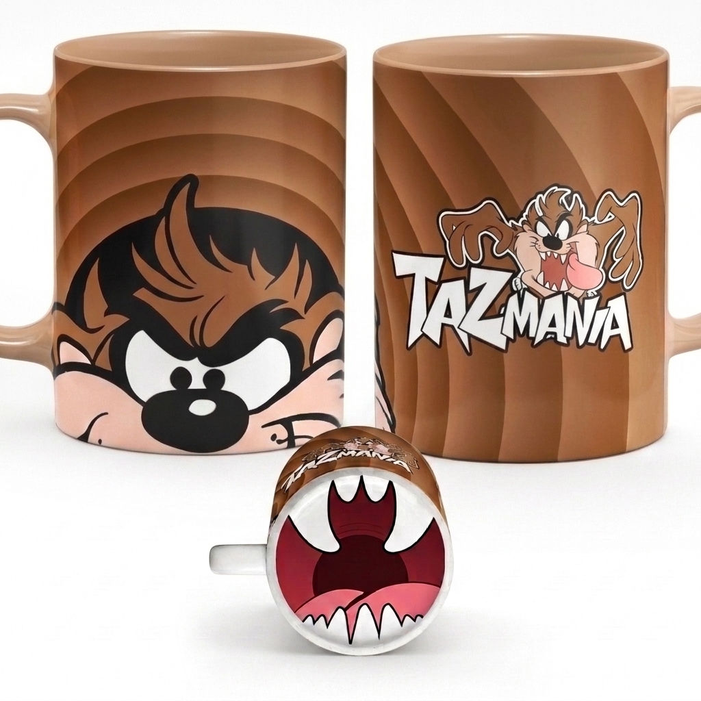 Caneca Taz Mania Estampa 360° com Boca no Fundo Porcelana 325ml