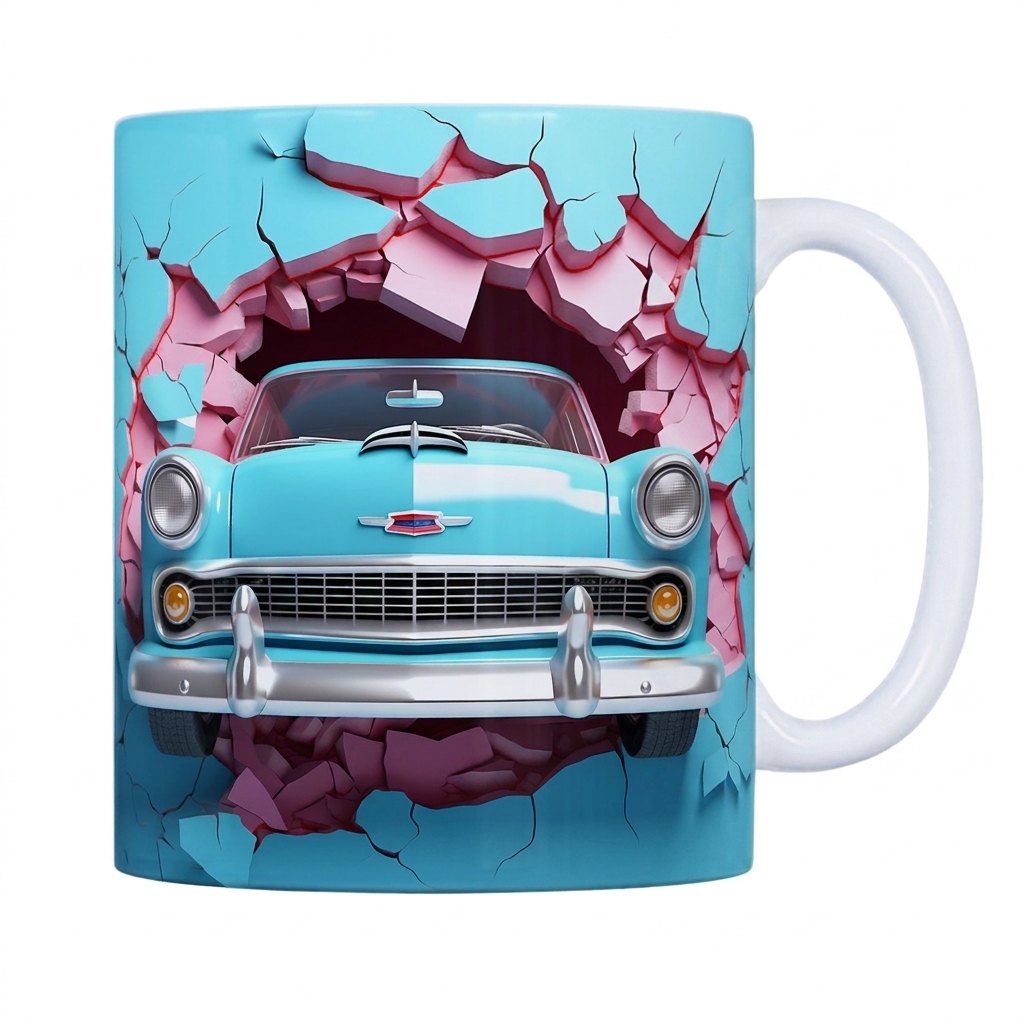 Caneca 3D Carro Antigo Vintage Parede Quebrada Cerâmica 325ml
