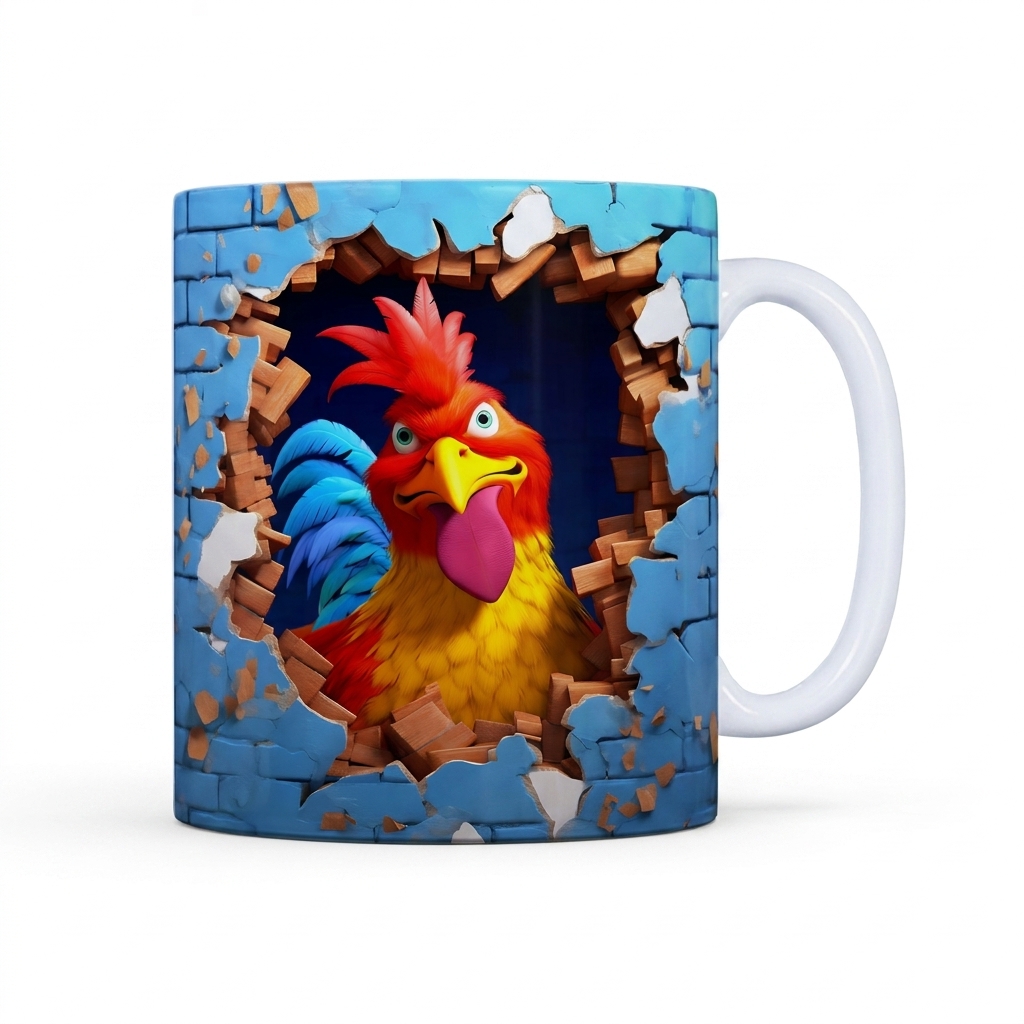 Caneca 3D Galo Divertido Parede Quebrada Cerâmica 325ml